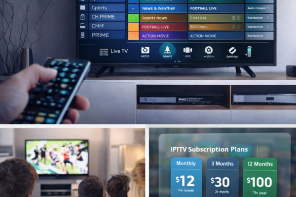 IPTV subscription interface showing live channels on a TV screen